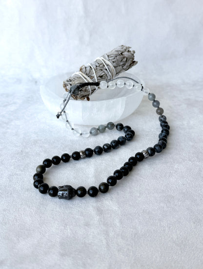 Wrap mala bracelet for man – Multi-round spiritual bracelet with Buddha charm | Half mala in Obsidian, Labradorite & Selenite + Hawk's Eye | Hand knotted mala beads by Samdea Mala