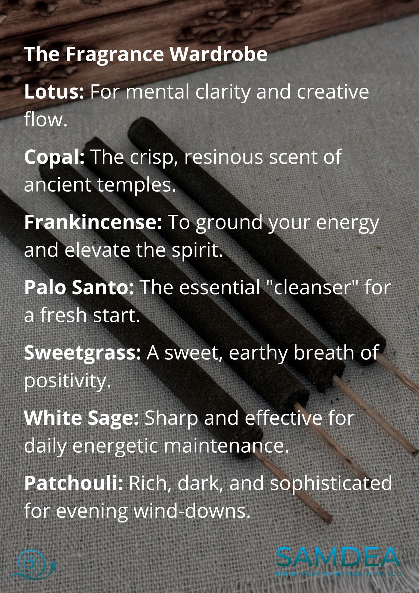 Zen hand-rolled artisan incense  sticks for meditation, yoga, home cleansing and spiritual rituals. Lotus, Copal, Frankincense, Palo Santo, Sweetgrass, White Sage and Patchouli