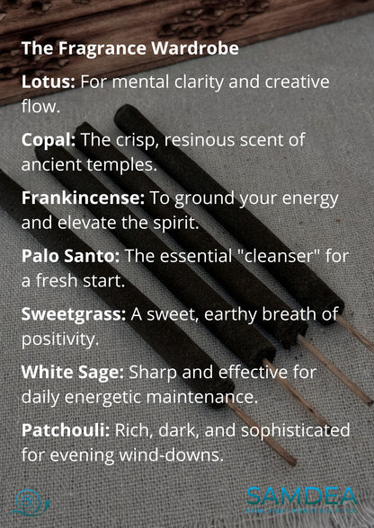 Zen hand-rolled artisan incense  sticks for meditation, yoga, home cleansing and spiritual rituals. Lotus, Copal, Frankincense, Palo Santo, Sweetgrass, White Sage and Patchouli