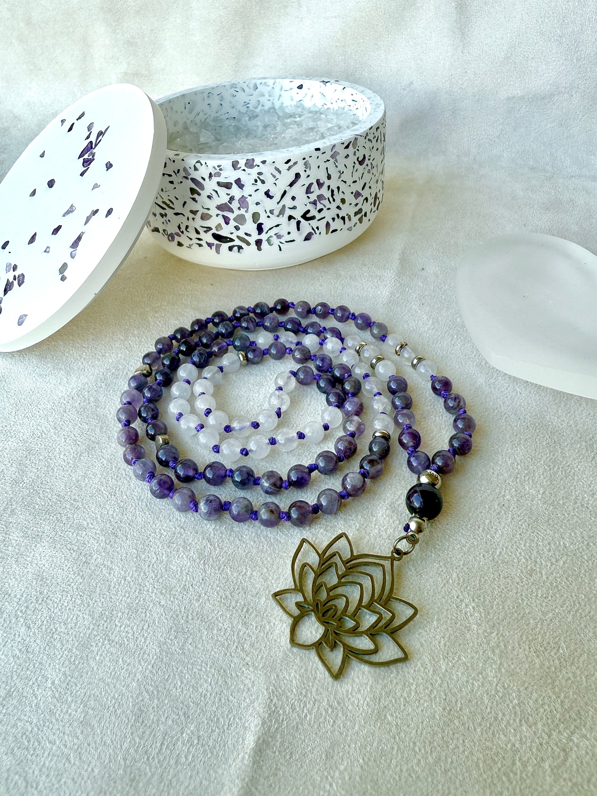 Samdea Mala—amethyst and white jade 108 prayer beads, hand-knotted 6mm meditation necklace