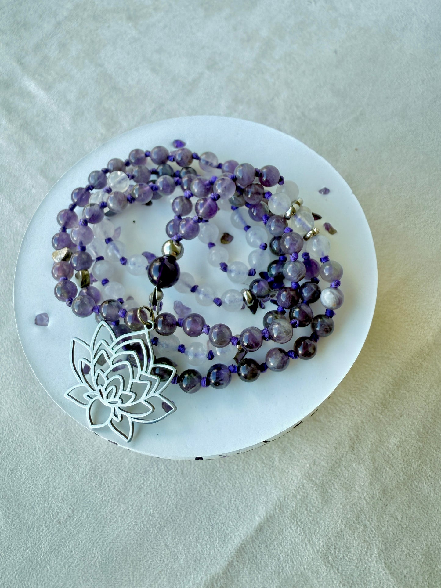 Minimalist meru option on 6mm amethyst and white jade customized mala necklace