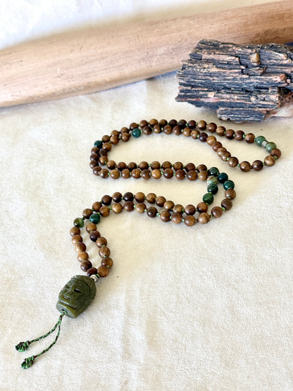 Full-length view of the 108-bead sandalwood and Indian agate mala necklace