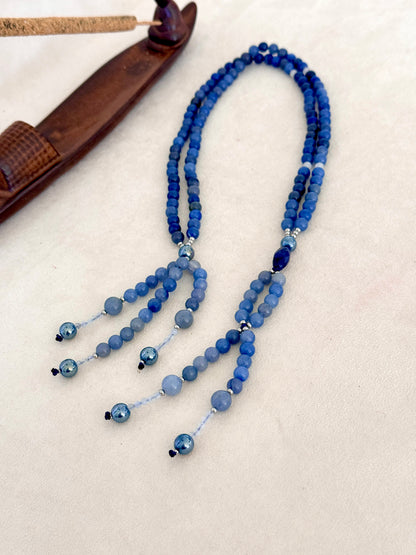 SGI Buddhist prayer beads, handmade Japanese Nichiren juzu for Daimoku chanting, Nam Myoho Renge Kyo meditation, with blue aventurine, Burmese white jade Bodhisattva, aqua aura accents, and lapis lazuli details.