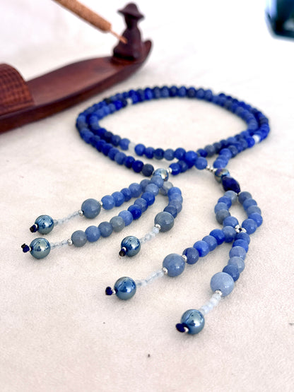 SGI Buddhist prayer beads, handmade Japanese Nichiren juzu for Daimoku chanting, Nam Myoho Renge Kyo meditation, with blue aventurine, Burmese white jade Bodhisattva, aqua aura accents, and lapis lazuli details.