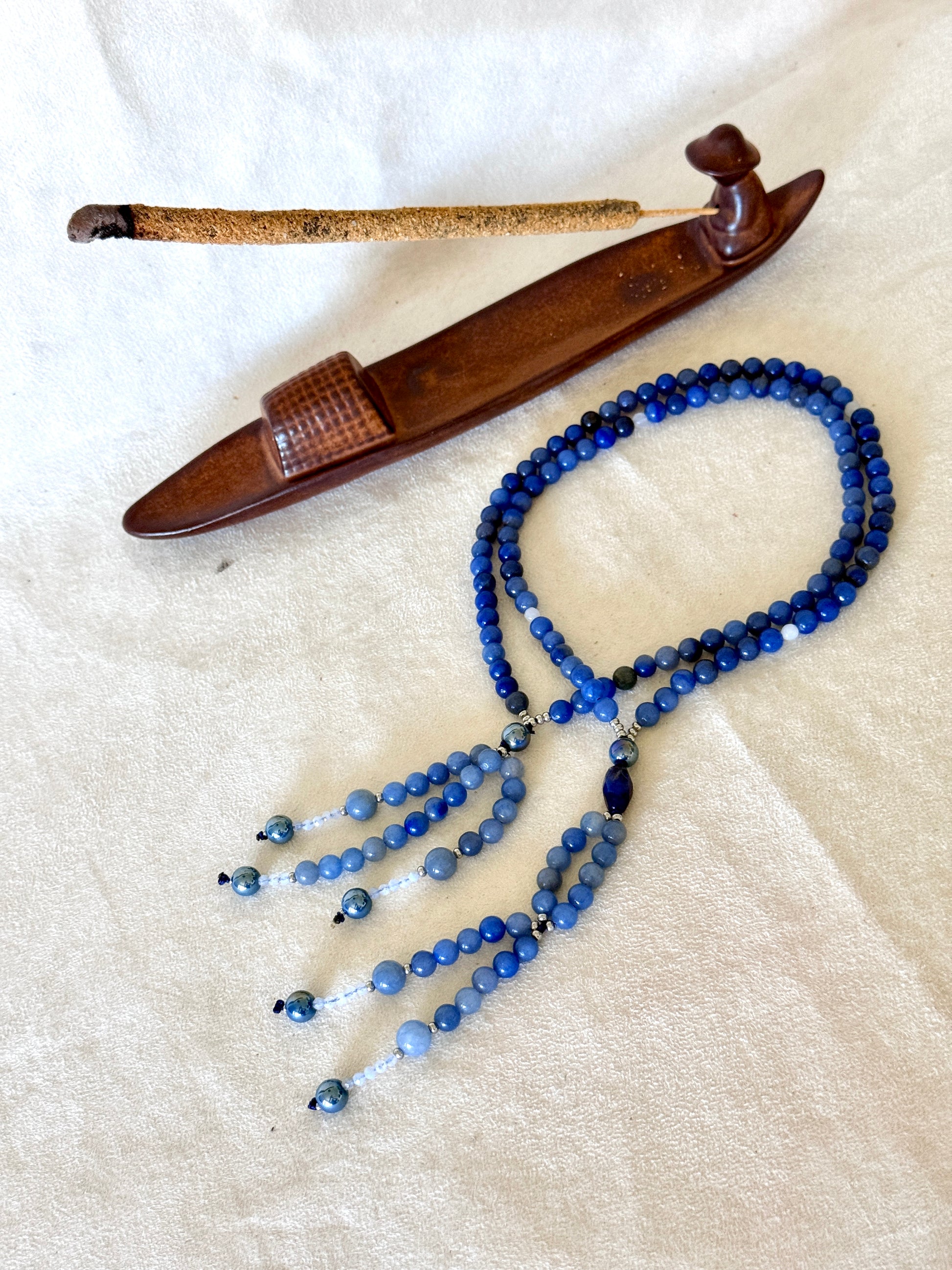 SGI Buddhist prayer beads, handmade Japanese Nichiren juzu for Daimoku chanting, Nam Myoho Renge Kyo meditation, with blue aventurine, Burmese white jade Bodhisattva, aqua aura accents, and lapis lazuli details.