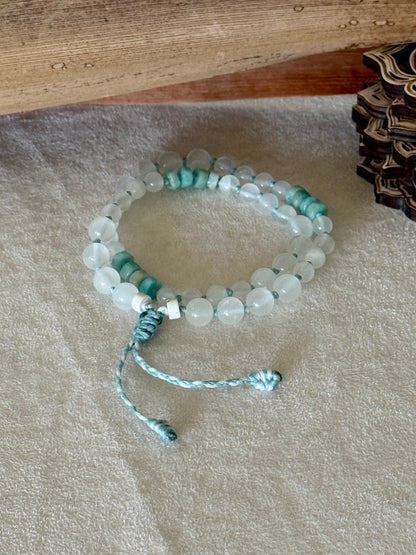 Handmade box breathing mala in natural gemstones, a half mala designed to guide mindful breathing, meditation, mantra practice, and self-regulation through touch.