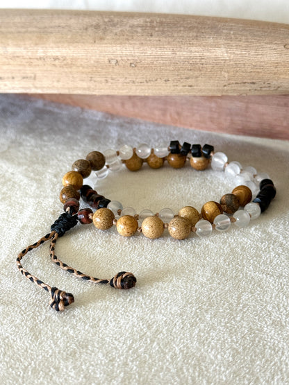 Grounding natural gemstone obosidian, selenite, jasper breathing mala  bracelet with groups of four beads to guide inhale, hold, exhale, and hold during breathwork practice.