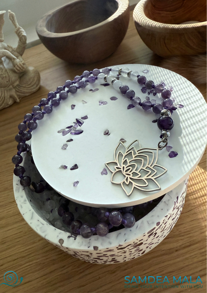 Samdea Mala charging bowl with amethyst and quartz crystals with mala with lotus charm