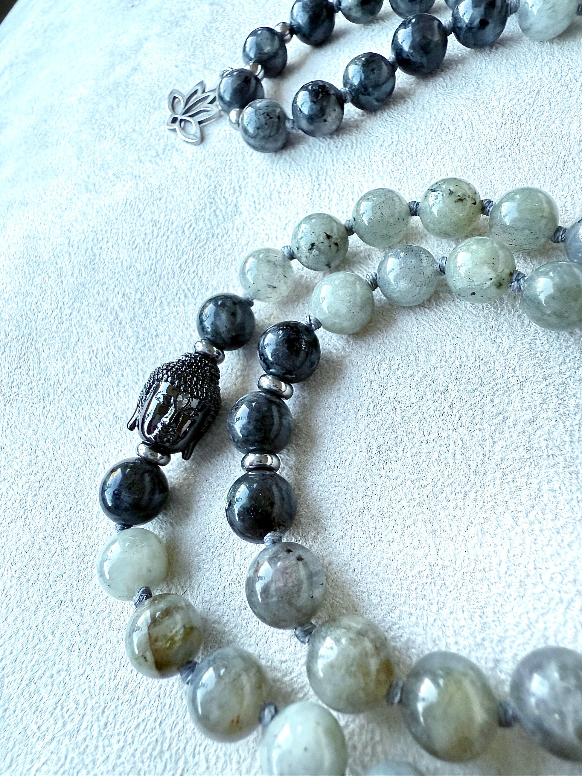 close up Buddha Charm Labradorite mala for intuition and energetic protection, spiritual jewelry for mindfulness