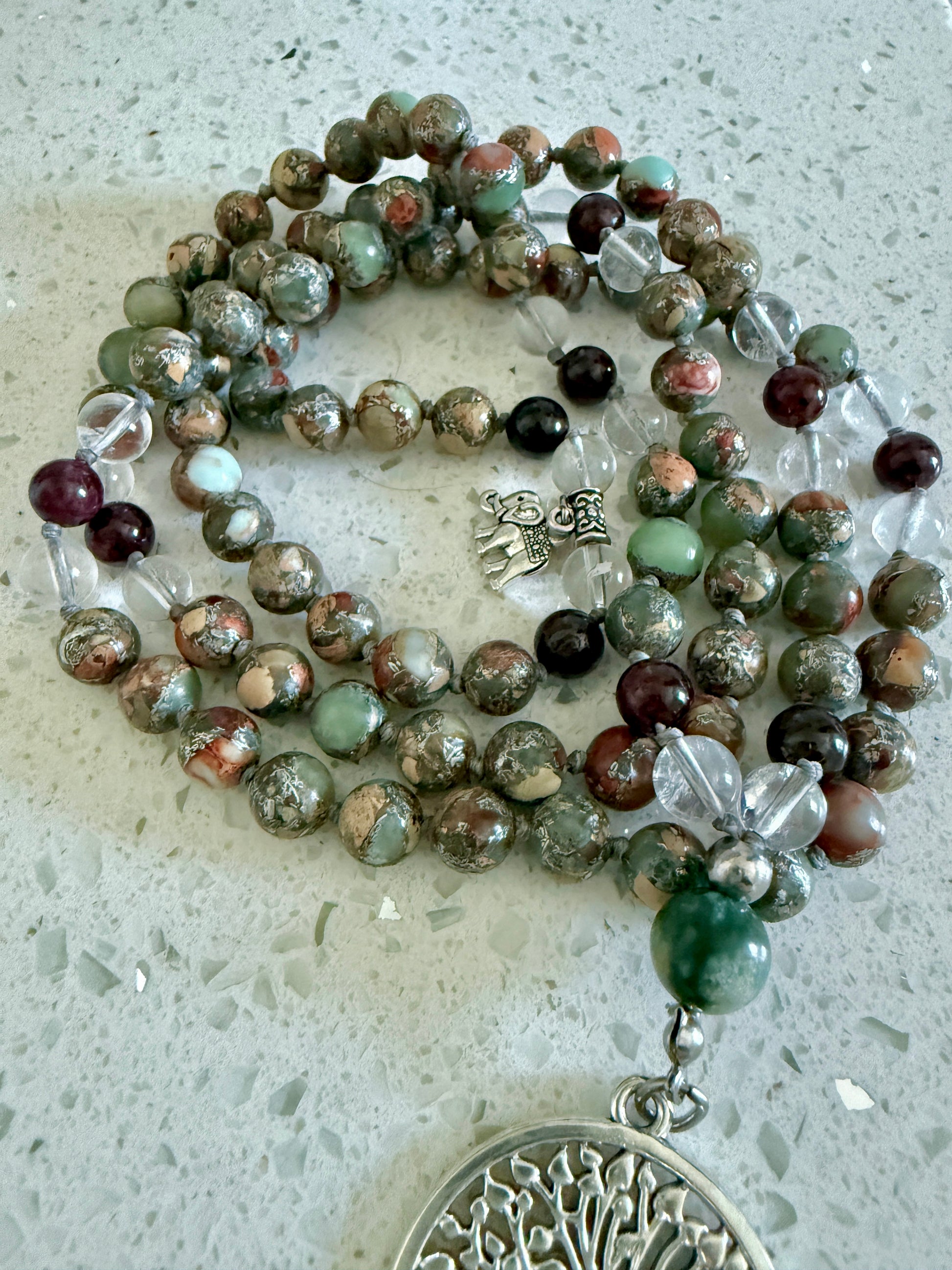 our Elements Mala Necklace: Aqua, Earth, Air, and Fire with tree of life pendant. Mala meditation, handmade mala,mala for grounding, spiritual growth mala, balance mala, energy mala, yoga mala necklace, daily wear mala, made in California 4 Elements Mala Necklace – Aqua Terra Jasper, Clear Quartz, Garnet & Agate for Balance and Vitality