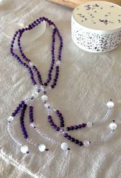 full view of Purple Juzu with amethyst and quartz. Nichiren Buddhist prayer beads handmade with care. Nam Myoho Renge Kyo Buddist prayer beads.