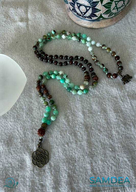 full view of close-up of Samdea Mala chrysoprase chrysoprase garnet rudraksha mala necklace with Seed of Life pendant - Hand knotted 108 bead mala for meditation in chrysoprase garnet and rudraksha