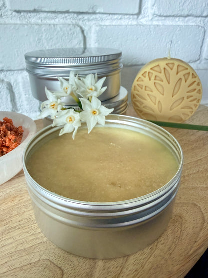 Close-up of sugar scrub texture with shea butter, gentle exfoliating body care