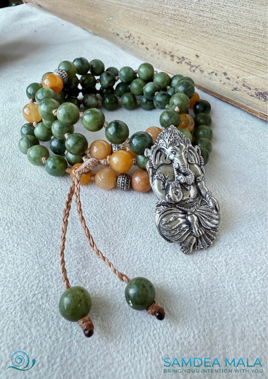 Samdea Mala green and yellow jade short mala with Ganesha pendant, 108 prayer beads for meditation