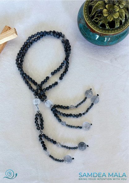 Clear quartz focus beads amplifying intention on handcrafted Buddhist juzu