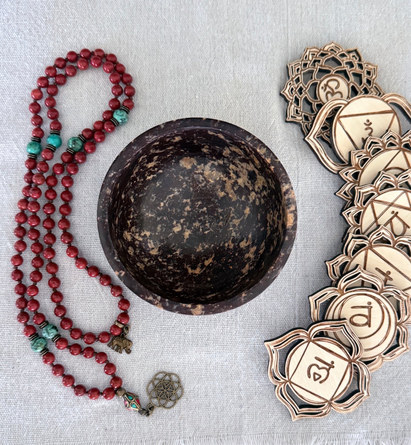 stone SMUDGE BOWL with red jasper mala and tourquoise mala for meditation and 7 chakras symbols