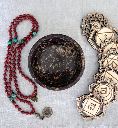 stone SMUDGE BOWL with red jasper mala and tourquoise mala for meditation and 7 chakras symbols