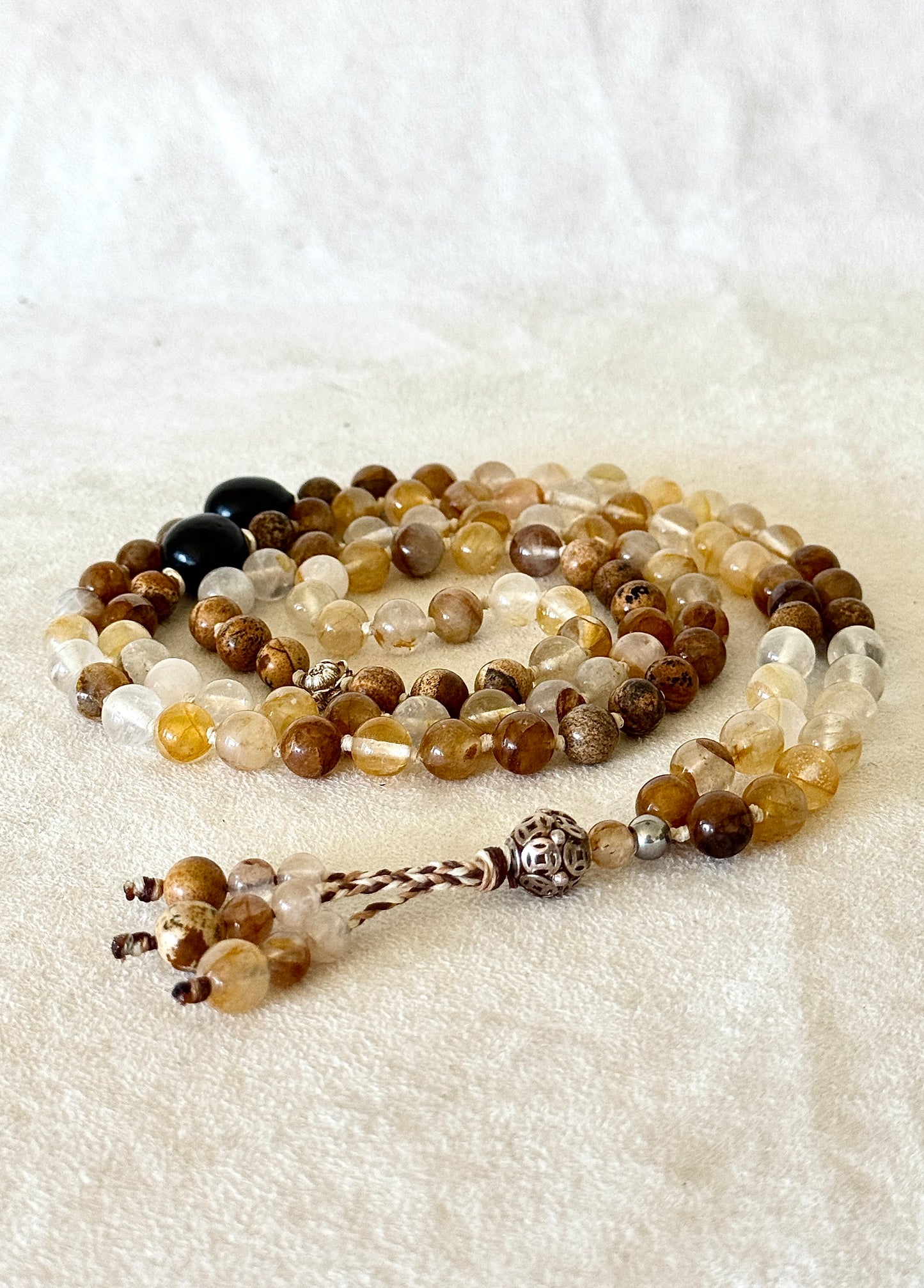108 bead hematoid quartz and sand jasper mala for meditation with soapberry seeds and sterling silver details, handmade mala necklace by Samdea