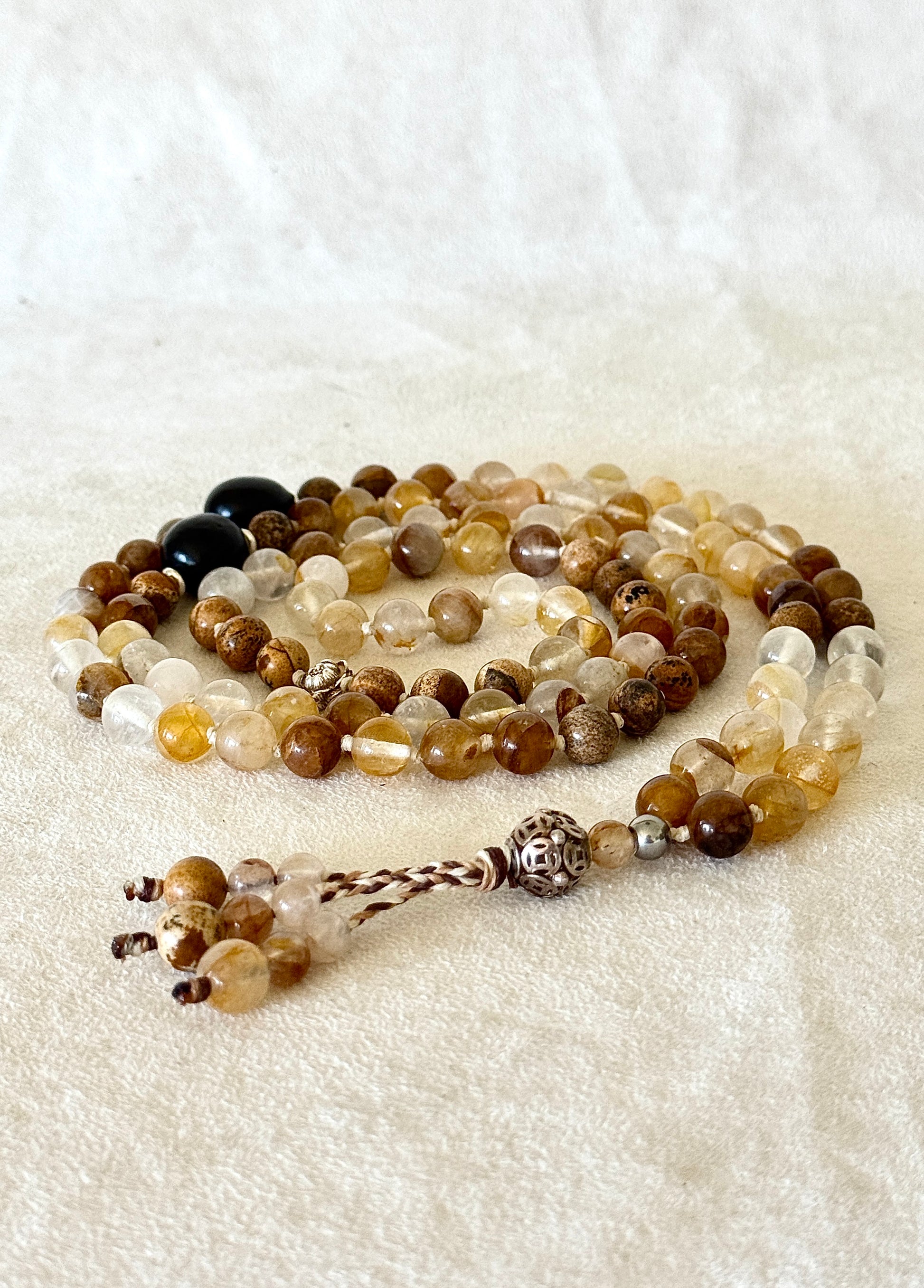 108 bead hematoid quartz and sand jasper mala for meditation with soapberry seeds and sterling silver details, handmade mala necklace by Samdea