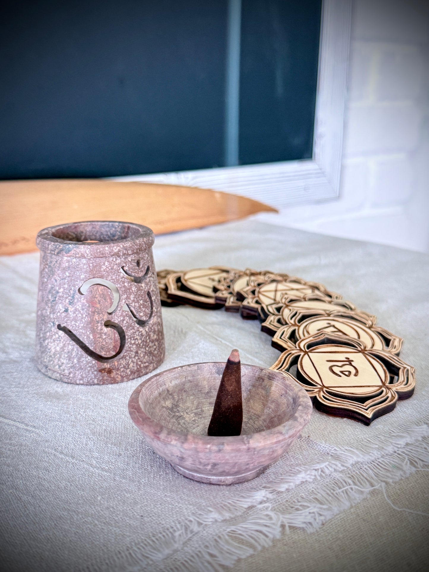 soapstone oil lamp / tealight oil warmer, an incense burner, a simple aromatherapy diffuser for fragrance oils (with a tealight). carved soapstone basin showing natural veining and heat-safe stone for oil or incense Aromatherapy Diffuser