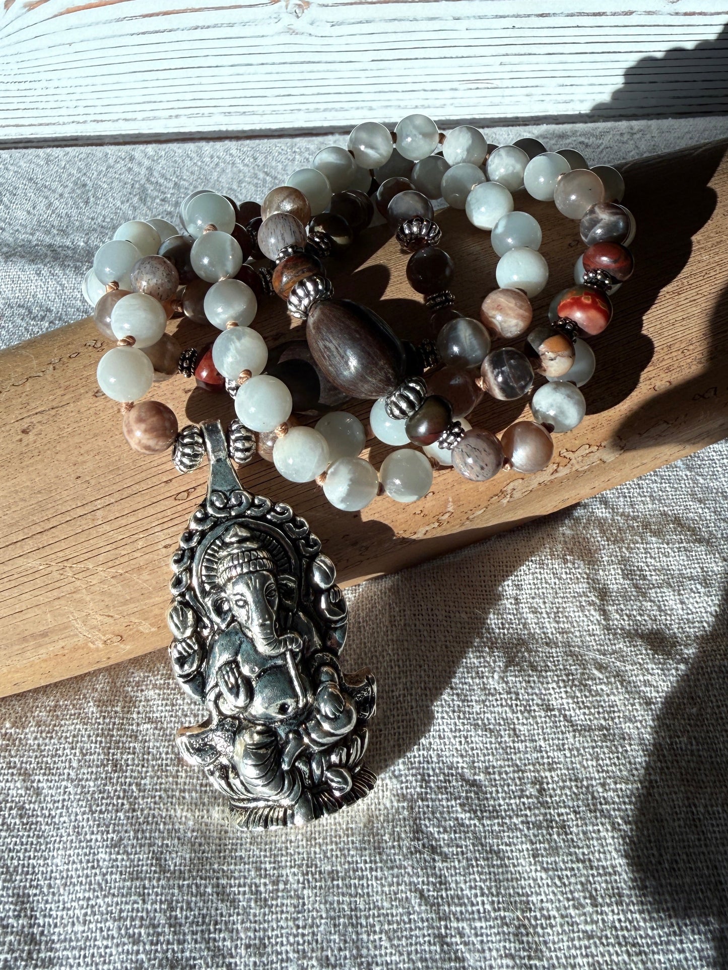 lotus seeds and Natural gemstone Ganesha mala with landscape jasper for new beginnings and wisdom. Black moonstone and gray moonstone mala for meditation and spiritual practice.