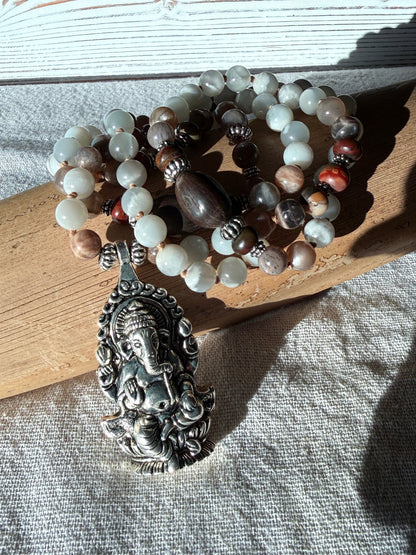 lotus seeds and Natural gemstone Ganesha mala with landscape jasper for new beginnings and wisdom. Black moonstone and gray moonstone mala for meditation and spiritual practice.