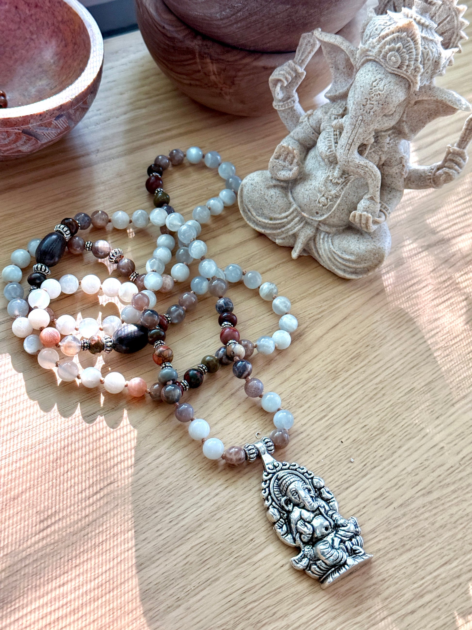 lotus seeds and Natural gemstone Ganesha  mala beads