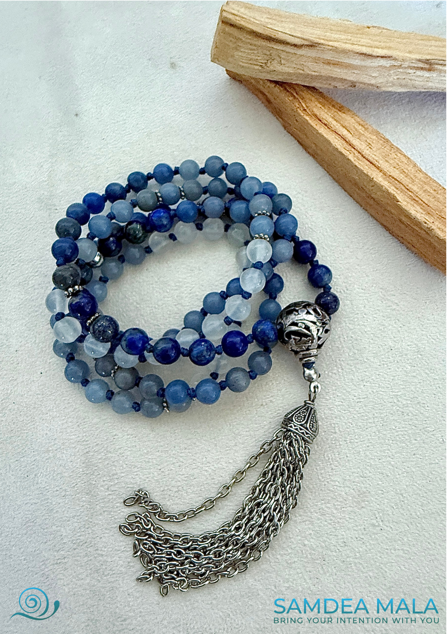 White jade detail on 6mm gemstone mala necklace with tassel for mindfulness practice