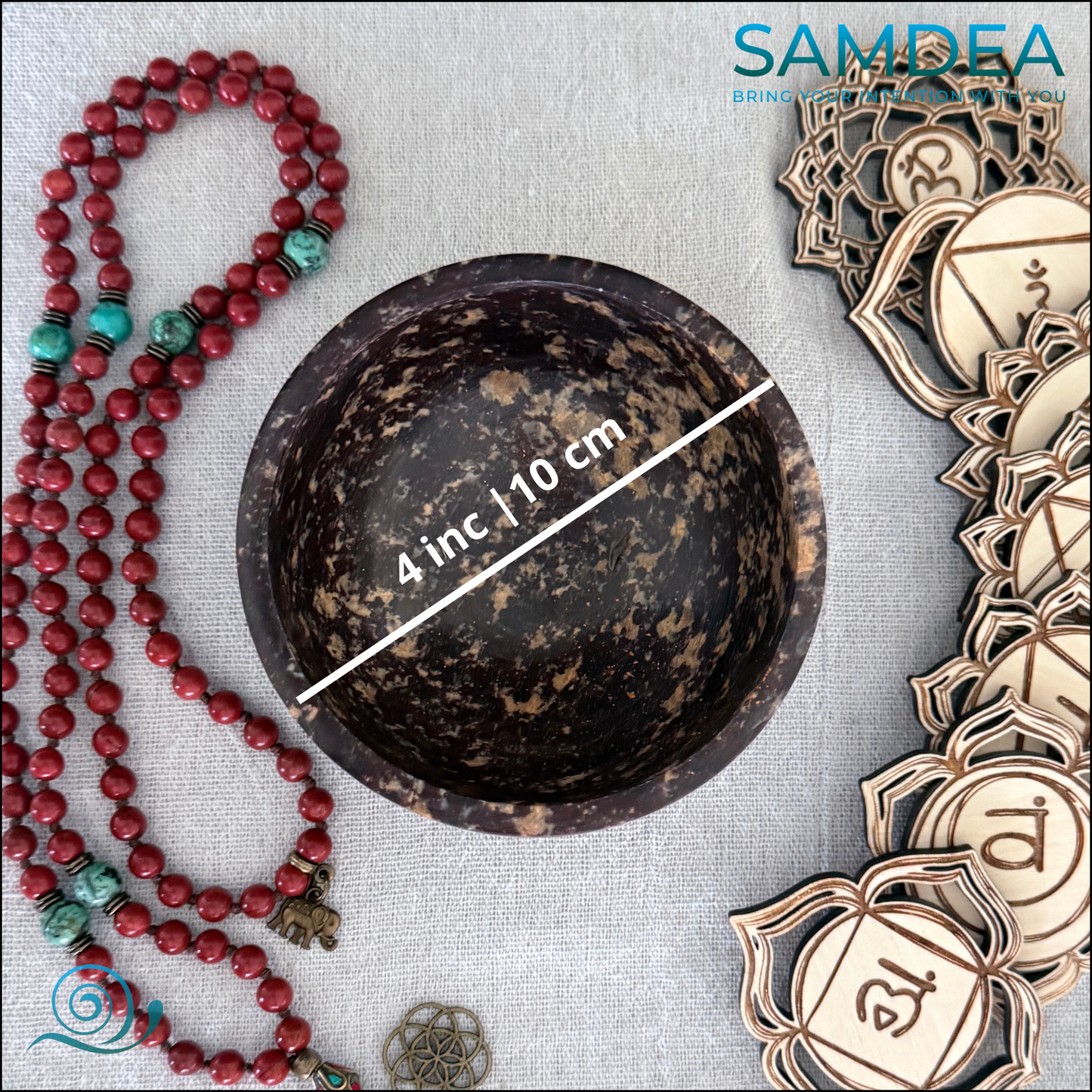 HANDCARVED stone SMUDGE BOWL with red jasper mala and tourquoise mala for meditation and 7 chakras symbols