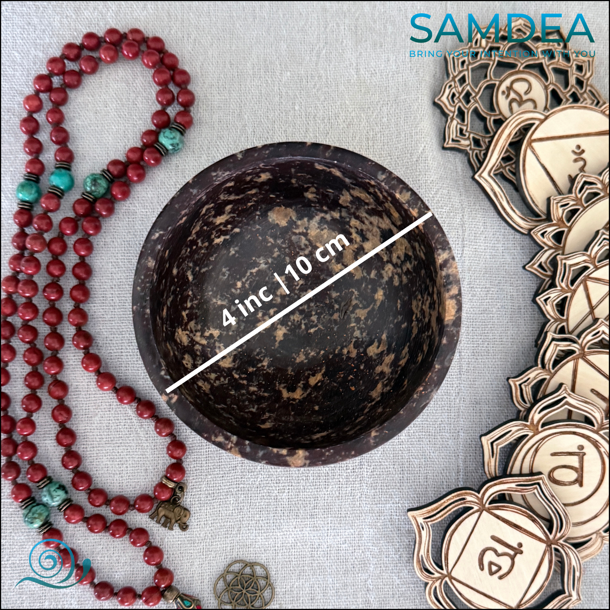 HANDCARVED stone SMUDGE BOWL with red jasper mala and tourquoise mala for meditation and 7 chakras symbols