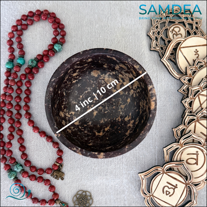 HANDCARVED stone SMUDGE BOWL with red jasper mala and tourquoise mala for meditation and 7 chakras symbols