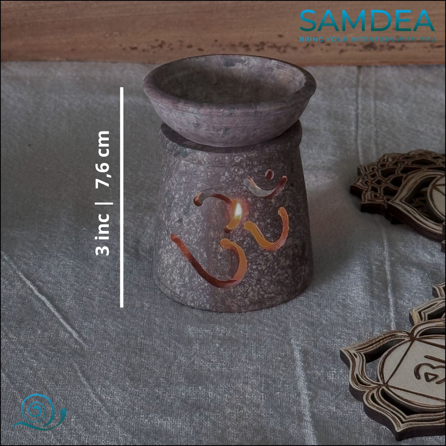 measures of soapstone oil lamp / tealight oil warmer, an incense burner, a simple aromatherapy diffuser for fragrance oils (with a tealight). carved soapstone basin showing natural veining and heat-safe stone for oil or incense Aromatherapy Diffuser
