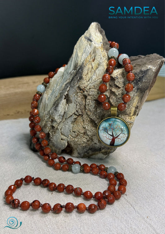  red meditation mala beads natural gemstone first chakra - grouinding mala for mindfulness, on a rock. Mala Necklace – Red Jasper & Aquamarine, 108 Faceted Prayer Beads 