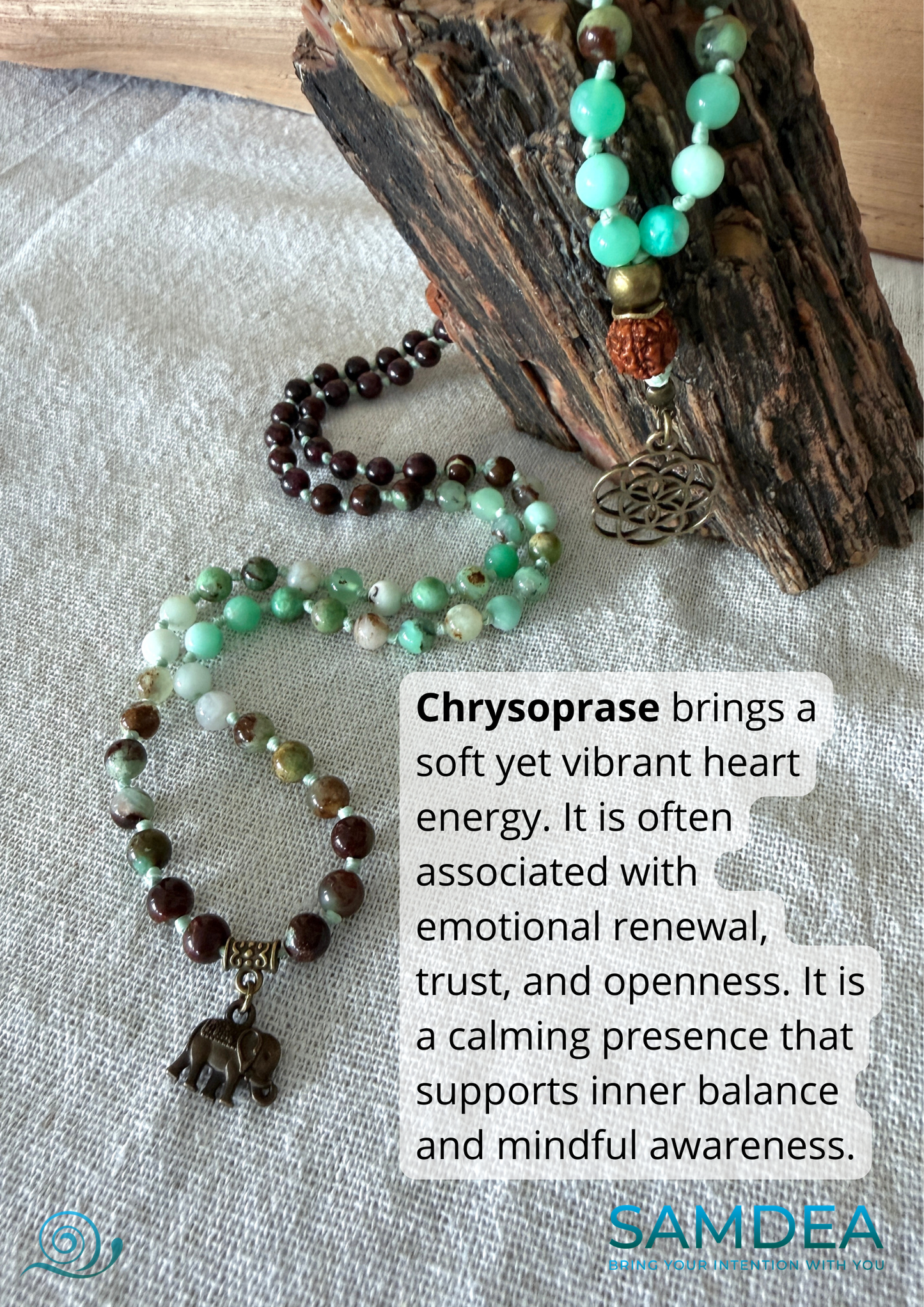 100% natural chrysoprase garnet rudrasha mala beads for meditation necklace with Seed of Life pendant - Hand knotted 108 bead mala for minfulness - meditation beads