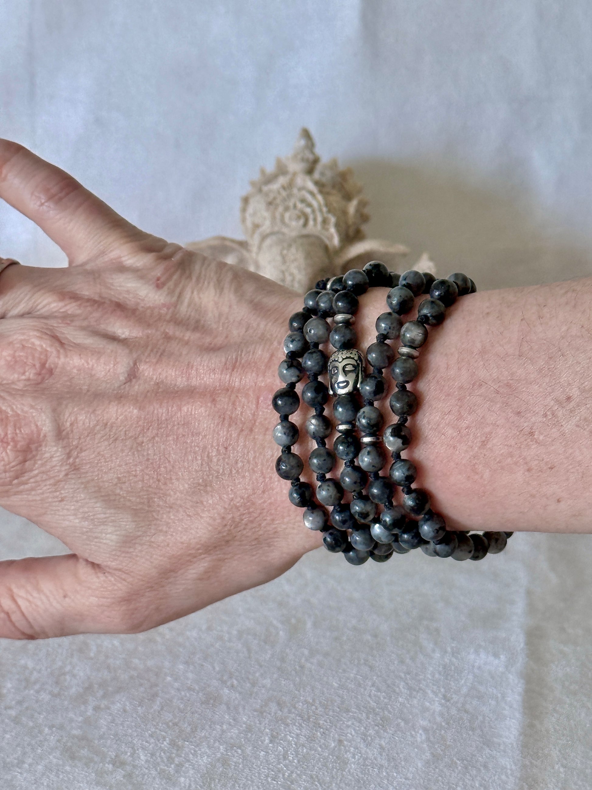 Spiritual bracelet, multi-round bracelet Natural larvikite wrap mala bracelet with small Buddha charm for meditation and grounding - worn