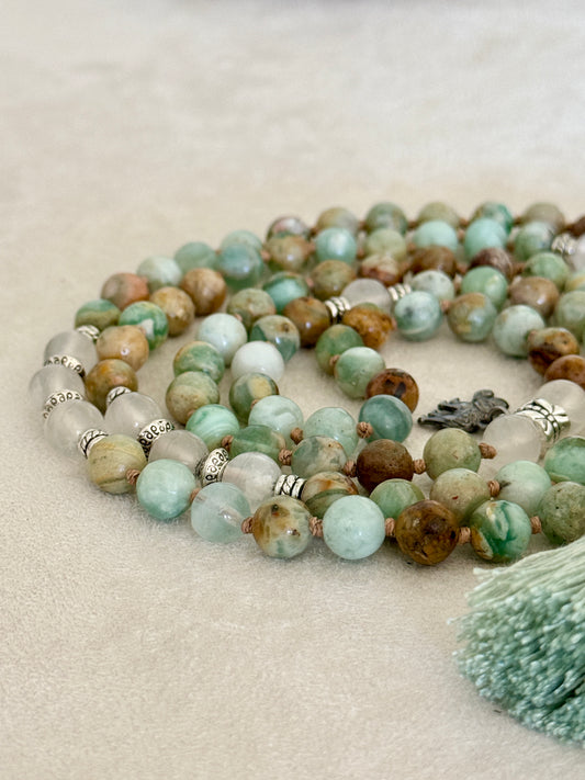 Coiled natural green quartz and selenite mala necklace with silver spacer beads and cotton tassel