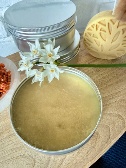 Open jar of natural gentle sugar scrub, vegan skincare made in California