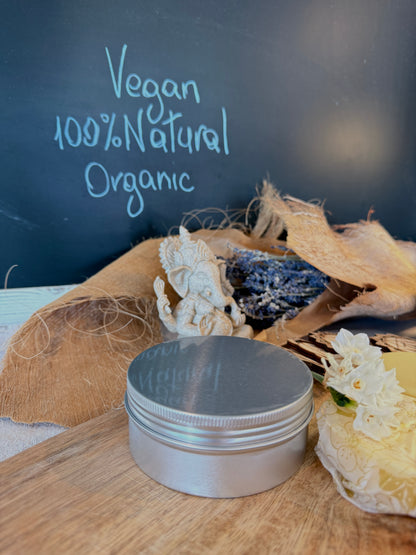 no plastic packaging closed, alluminium packaging skincare, 100% natural ingedients body butter, vegan, organic, organic farming ingredients, small productions