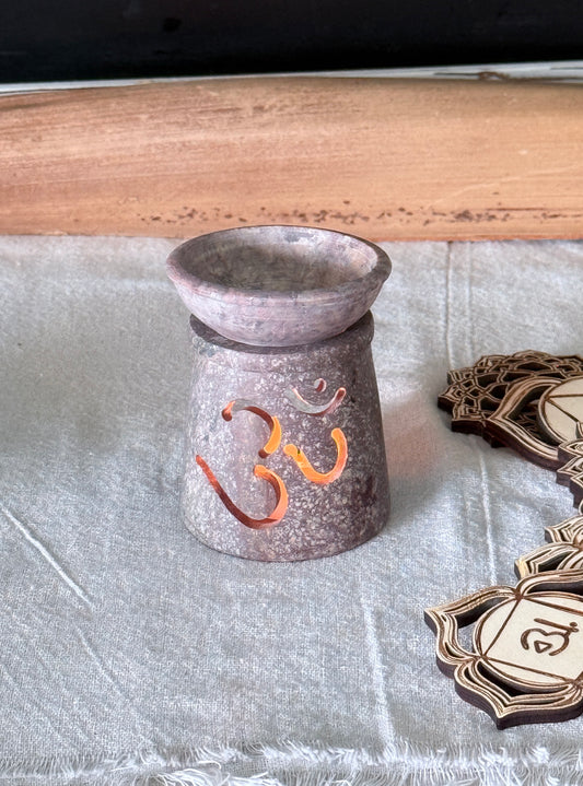 Samdea Mala 3" soapstone Aromatherapy Diffuser  oil lamp & incense burner on rustic altar, carved steatite for meditation altar OM