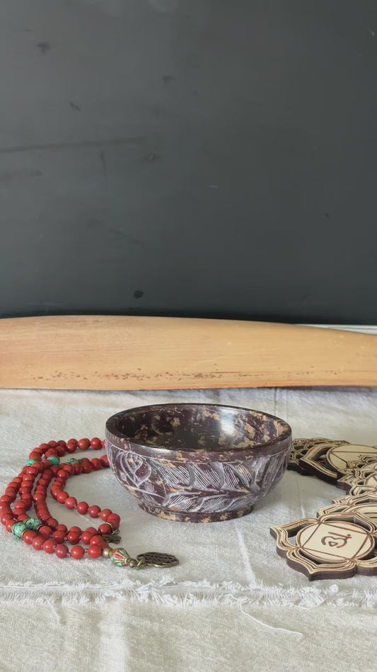 Video preview of Soapstone Smudge Bowl 4 inch – carved incense burner for cleansing rituals