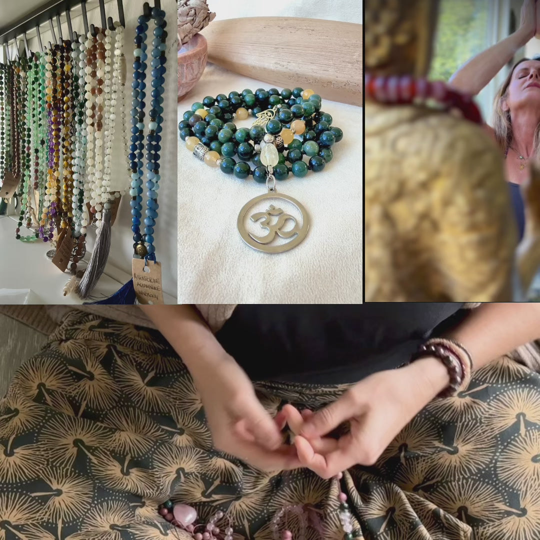 Video preview of New paths, clear vision, and joyful action. Samdea Mala handmade with moss agate, yellow jade and citrine – meditation beads, hamsa protection