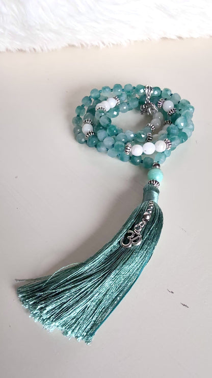 108 Quartz Mala Necklace with White Agate and Amazonite – Hand Knotted Prayer Beads for Meditation
