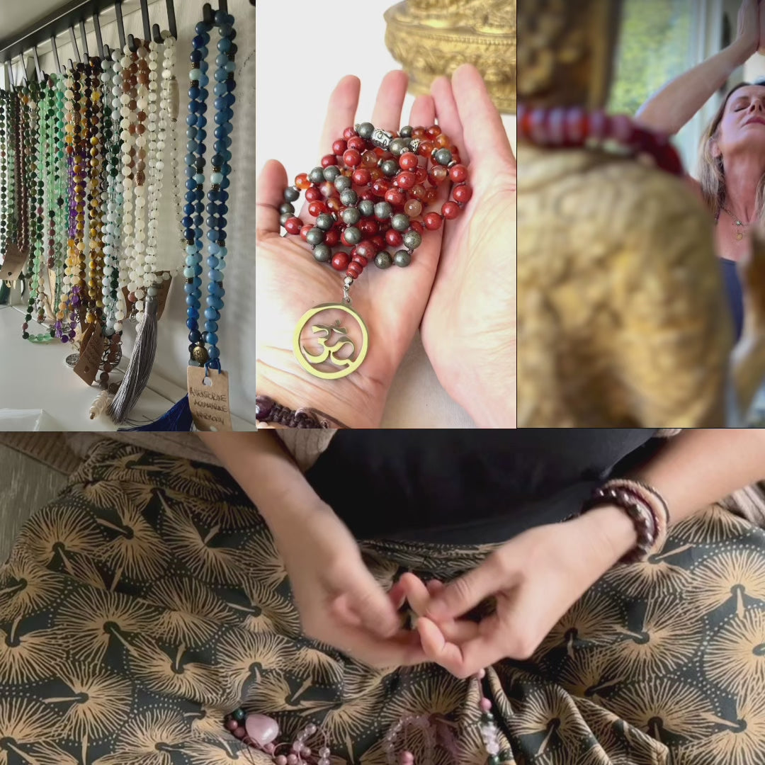 Video preview of Grounding Mala Necklace – Red Jasper, Carnelian, Pyrite | 108 Beads for Courage, Vitality & Inner Strength | Root Chakra Mala - zodiac sign Aries, detail of OM pendant