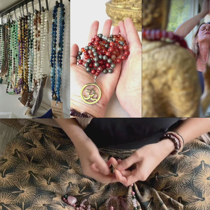 Video preview of Grounding Mala Necklace – Red Jasper, Carnelian, Pyrite | 108 Beads for Courage, Vitality & Inner Strength | Root Chakra Mala - zodiac sign Aries, detail of OM pendant
