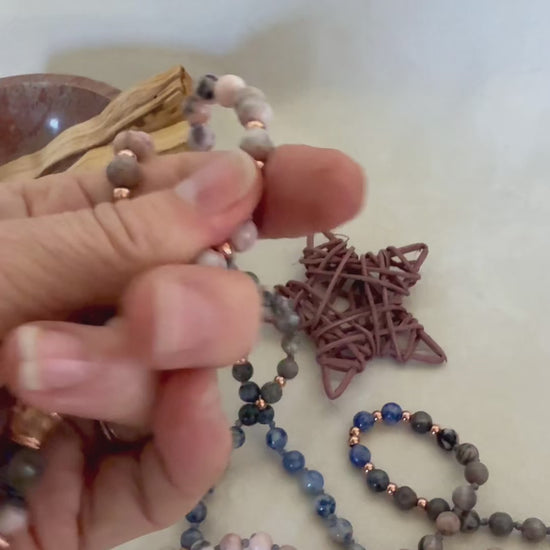 Video featuring handmade Zebra Jasper Mala Necklace: 108 Beads for Balance, Communication and Inner Strength