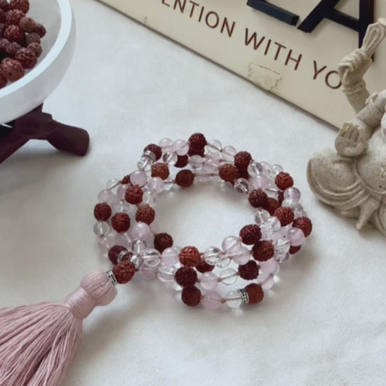 Samdea Mala with Real Rudraksha, Clear Quartz and Rose Quartz 108 bead mala for meditation