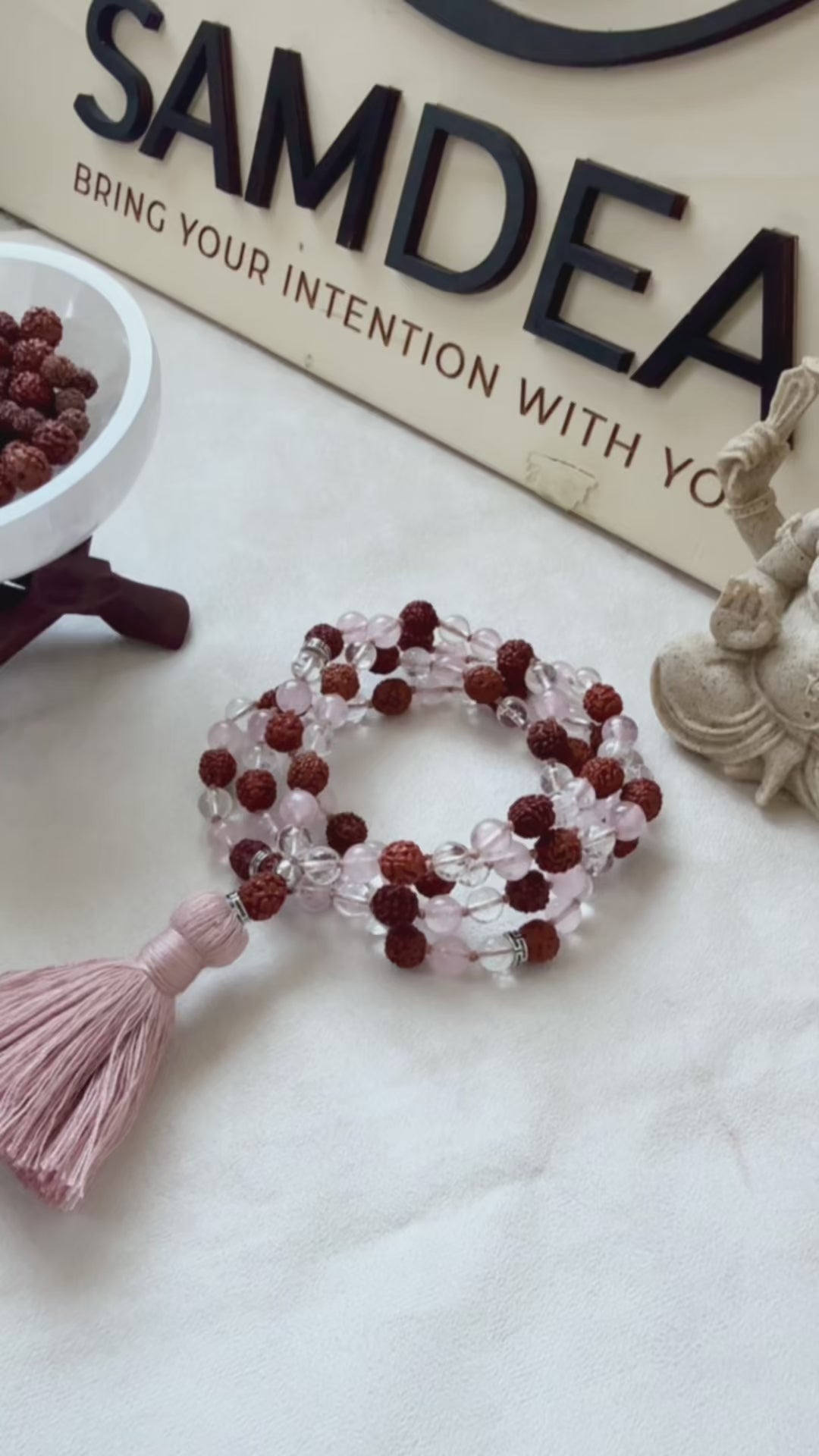 Samdea Mala with Real Rudraksha, Clear Quartz and Rose Quartz 108 bead mala for meditation