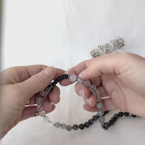 Video preview of Half Mala & Wrap Bracelet in Obsidian, Labradorite & Selenite – Custom Mala Beads Necklace Handmade - Samdea Mala  