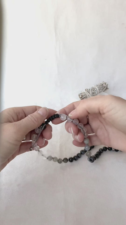 Video preview of Half Mala & Wrap Bracelet in Obsidian, Labradorite & Selenite – Custom Mala Beads Necklace Handmade - Samdea Mala  