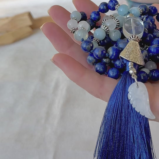 Video of Mala for meditation in lapis lazuli and aquamarina. Wisdom of the Sage – Piercing Illusion, Living Your Truth